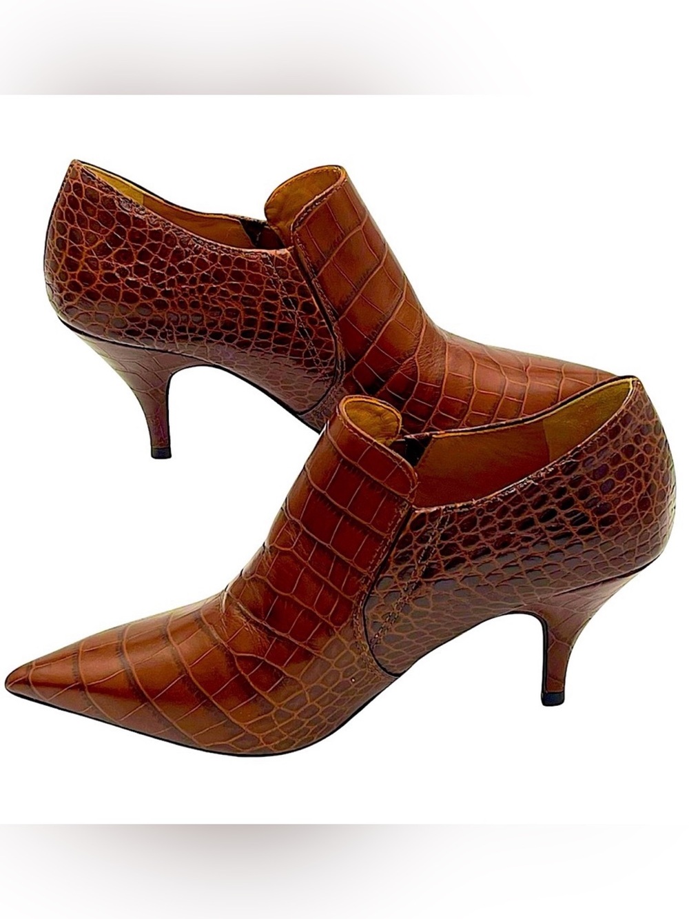 Tory Burch Georgina Embossed Crocodile Warm Cognac Brown Leather Ankle Bootie 6M